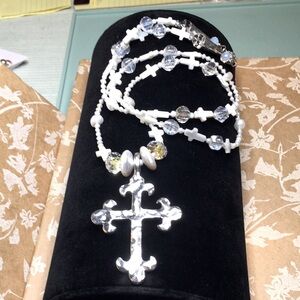 Silver Cross Pendant Necklace with Genuine Pearls and Crystals & Sterling clasp